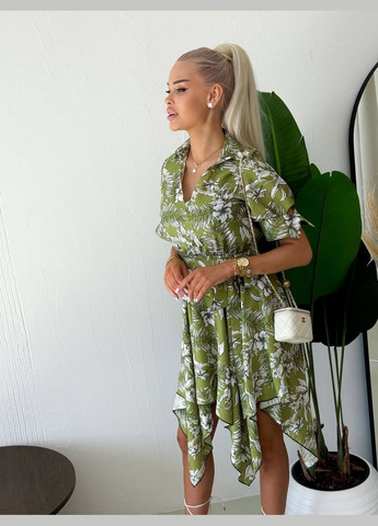 Зелена повсякденний жіноча асиметрична сукня кльош Україна з квітковим принтом