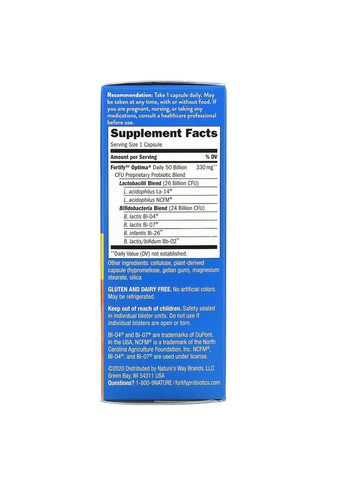 Пробиотик ежедневного применения, 50 млрд КОЕ, Fortify Optima Daily Probiotic, 30 вегетарианских капсул Nature's Way (327878646)