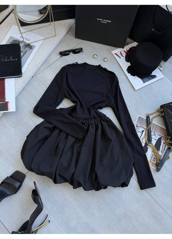 Черное кэжуал женское платье с длинным рукавом и объемной юбкой баллон MonCher