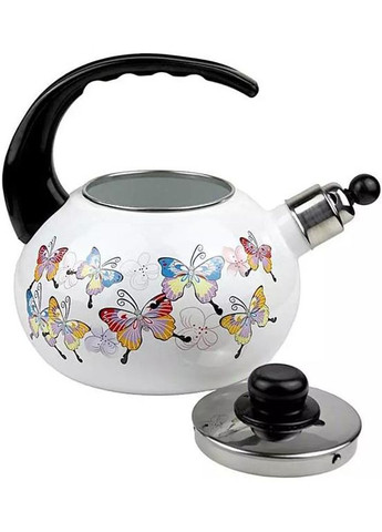 Чайник эмалированный "Бабочки" 2,5л со свистком черный для кухни и чая из нержавеющей стали Kamille (368988474)