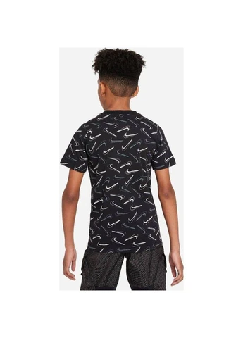 Чорна демісезонна футболка підліткова чорна fn9605-010 Nike SWOOSH ALL-OVER-PRINT