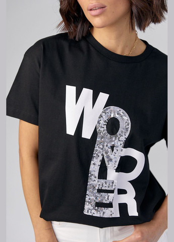 Чорна літня жіноча футболка з принтом та паєтками Lurex