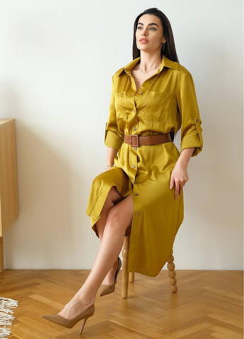 Гірчична повсякденний вишукана легка літня повсякденна пряма міді сукня на гудзиках з довгими рукавами та відкладним коміром сукня-сорочка Tik-Tak однотонна