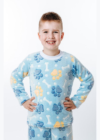 Голубая зимняя теплая пижама для мальчика лапки свитшот + брюки Україна