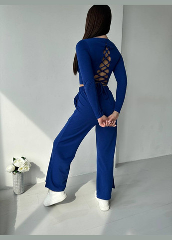 Легкий синій костюм двійка із двонитки із зав'язками на спині, спортивний костюм 2-ка (топ із довгим рукавом + штани) No Brand 256-5 (279765842)