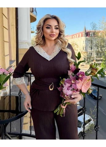 Костюм фактурный трикотаж и кружево с удлиненной кофтой и прямыми штанами — ‼️Замеры в описании‼️ GD/GL Модний простір (400402364)