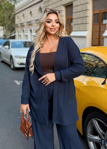 Костюм женский оверсайз демисезонный из трикотажа в рубчик (кардиган + брюки) No Brand (362894084)