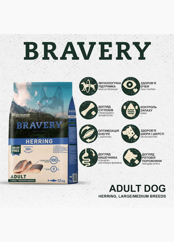 Сухой корм Herring Large/Medium Adult для взрослых собак средних и больших пород с сельдью 4 кг (8436538950616) Bravery (316226721)