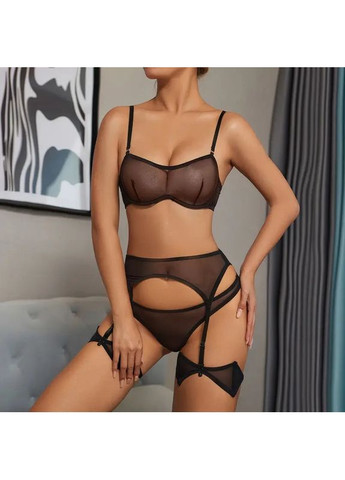 Черный демисезонный кружевной комплект с поясом. красивое женское белье кружевной комплект с поясом для чулок лиф-трусики черный No Brand