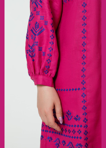 Бордова жіноча вишита сукня з льону з довгим рукавом та геометричним орнаментом краля, plus size., р., код 0467/48/688 ГАЛЕРЕЯ ЛЬОНУ