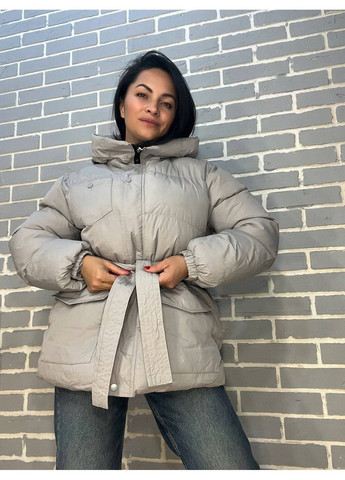 Серая демисезонная куртка женская 6093 парка пуффер с поясом удлиненная с капюшоном оверсайз RUIXI