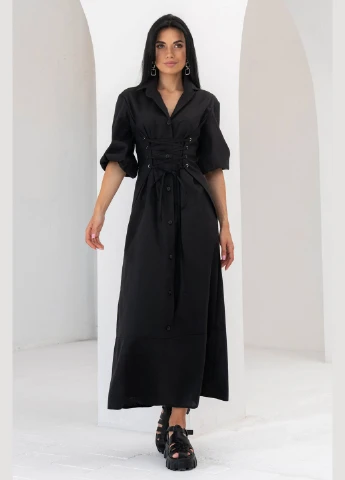 Черное повседневный, кэжуал стильное летнее платье со шнуровкой Jadone Fashion однотонное
