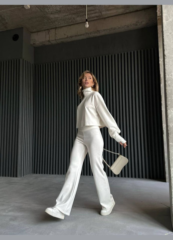 Белый однотонный костюм двойка из рубчика (свитер с рукавичками+штаны на высокой посадке), тёплый демисезонный костюм No Brand 483 (303606571)