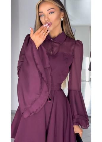 Бордова святковий, коктейльна коротка жіноча сукня з воланами та поясом кльош Avanti однотонна