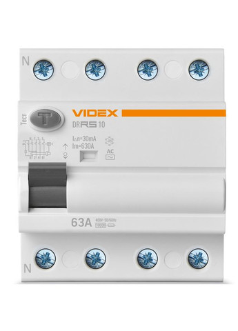 Пристрій захисного відключення (ПЗВ) RESIST АС 4п 30мА 10кА 63А (VFRS10-DR4AC63) Videx (282312996)