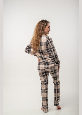 Комбинированная всесезон женская пижама бежевого цвета в клетку кофта + брюки V.O.G.