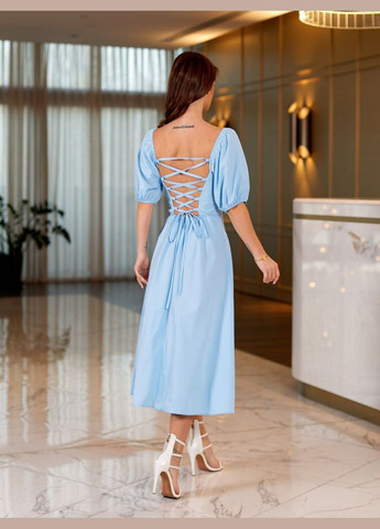 Голубое шикарное летнее длинное платье с разрезом на ноге и открытой спиной на шнуровке, лёгкое голубое платье с коротким рукавом No Brand