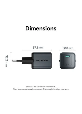 Зарядное устройство (FEVH0-EU) Vention USB-C PD20W GaN gray (390261933)