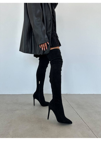 Жіночі стильні трендові ботфорти на шпильці чорний замш No Brand (349812663)