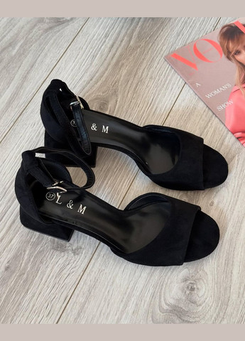 Черные черные босоножки на каблуке, босоножки на среднем каблуке L&M с ремешком