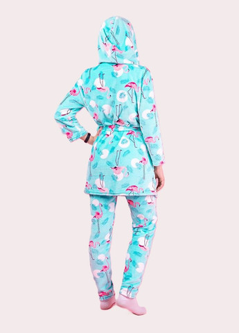 М'ятна всесезон жіночий домашній комплект з капюшоном фламінго (халат+штани) Україна