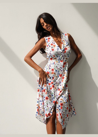 Білий святковий, пляжна, повсякденний, кежуал, вечірня сукня сарафан довга на ґудзиках, принт квіткове поле а-силует German Volf з квітковим принтом