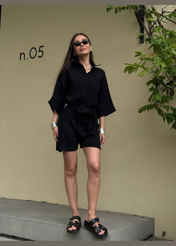 Муслиновый нежный комбинезон в черном цвете, летний комбез из натуральной ткани No Brand 1744-2 однотонный чёрный