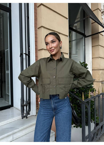 Оливковковая (хаки) повседневный рубашка однотонная GD/GL Модний простір с длинным рукавом