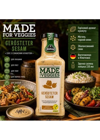 Соус кунжутний Kühne Made For Veggies Gerösteter Sesam 235 мл зі смаженим кунжутом для овочів боулів фалафелю салатів Kuhne (401858499)