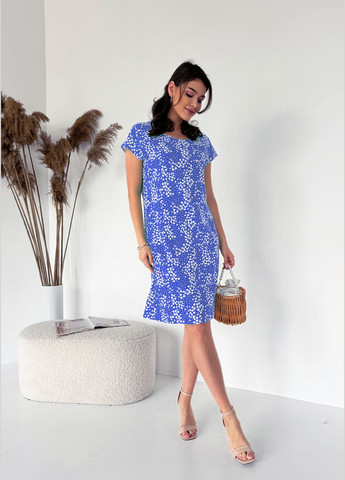 Голубое коктейльное, повседневный, кэжуал, джинсовое необычайно стильное и комфортное летнее платье из штапеля с принтом зебра платье-футболка INNOE с цветочным принтом