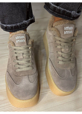 Бежевые кеды женские 633-5 утепленные замшевые на меху бежевые Hengji