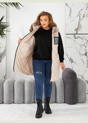 Женская жилетка батал молочная длина по колено прямая с капюшоном и карманами Viki Жилет (316111603)