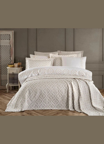 Набор постельного белья с вышивкой и жаккардовым покрывалом Victoria bej бежевый евро Dantela Vita (285778825)