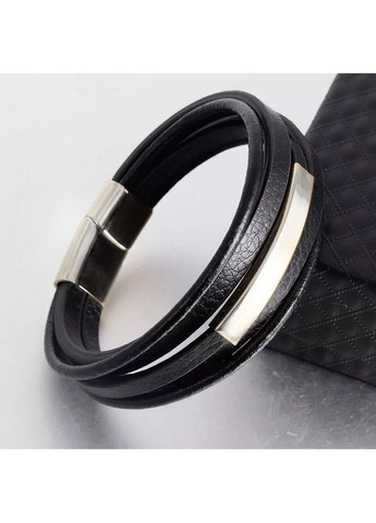 Мужской кожаный браслет плетеный, черный со стальными серебряными вставками. No Brand (362571621)