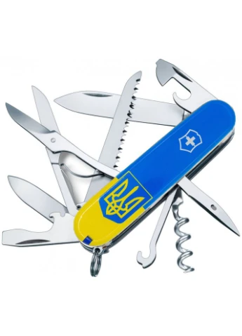 Ніж Huntsman Ukraine 91мм/15функ /Герб на прапорі верт. - складний армійський ніж, 15 функцій, нержавіюча сталь Victorinox (395596264)