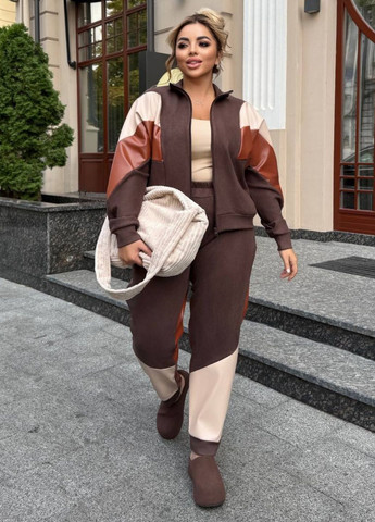 Вишуканий повсякденний демісезонний костюм двійка зі шкіряними вставками: кофта на блискавці + штани Tik-Tak (362539663)