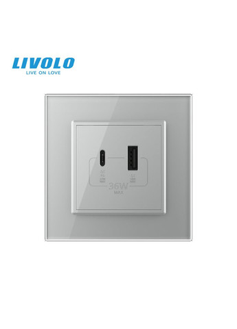 Розетка USB-A та USB-C з Power Delivery 36W сірий скло (VL-C7FCUA18W.UC18W-2IP) Livolo (370970111)