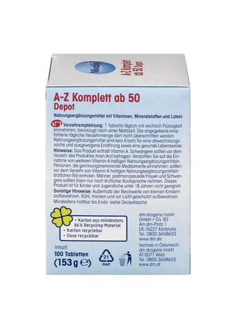 Ежедневные БИОЛОГИЧЕСКИЕ АКТИВНЫЕ ДОБАВКИ, витамины A-Z КОМПЛЕКТ от 50 лет, 100 шт, от DM Mivolis (360654962)