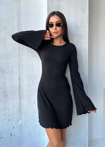 Черное повседневный платье в рубчик мини с завязками на спинке а-силуэт Tik-Tak однотонное