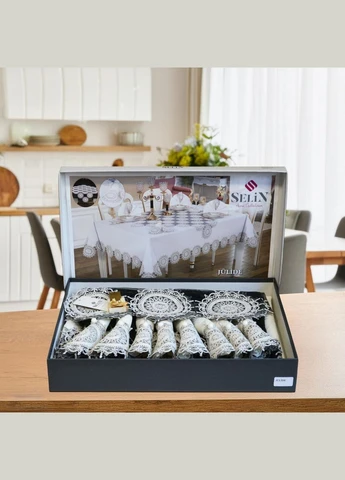Льняная скатерть с ранером Julide Set 160×300+12 салфеток кремовая Selin (338425217)