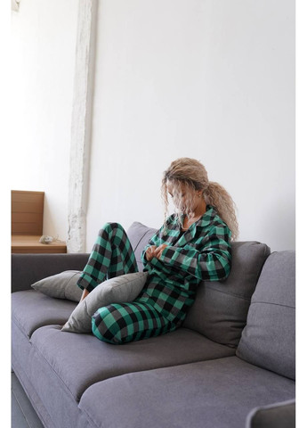 Зелена піжама 26007 бавовна туреччина,штани та сорочка у клітинку фланель,піжама унісекс Україна