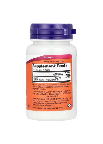 Витамин В1 (Тиамин), 100 мг, Vitamin B1,, 100 таблеток Now Foods (299332715)