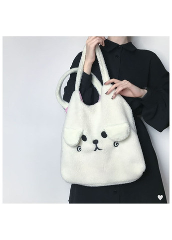 Сумка шопер плюшевый белый с мордочкой собачки кавай милый экосумка корейский стиль вместительный базовый No Brand (306736410)