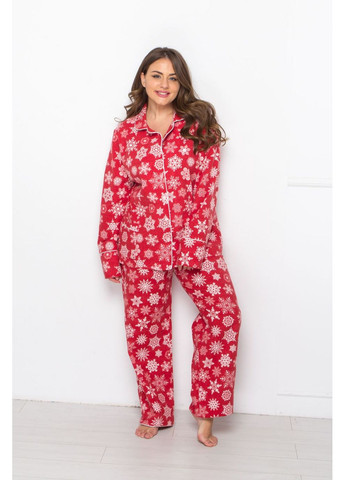 Червона всесезон піжама жіноча новорічна п1510 сніжинки на червоному MiaNaGreen
