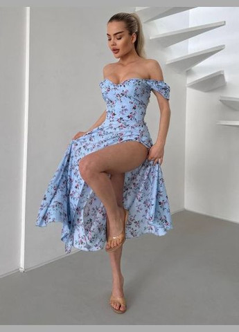 Голубое платье летнее с корсетной спинкой и разрезами черное 668eb No Brand