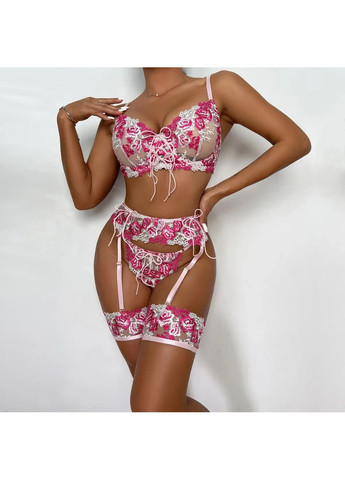 Рожевий демісезонний мереживний комплект із поясом. комплект спідньой білизни в квітковий принт. гарна жіноча спідня білизна China