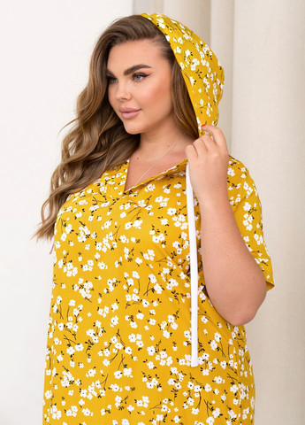 Желтое повседневный, кэжуал платье свободного фасона летнее с капюшоном оверсайз оверсайз, а-силуэт, платье-худи No Brand с цветочным принтом