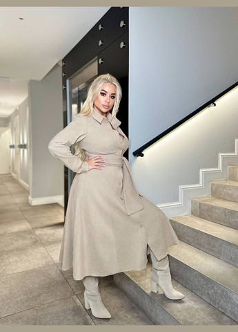 Бежева ділова, повсякденний, кежуал, джинсова стильна жіноча сукня міді з мікровельвету вільного крою на ґудзиках з поясом сукня-сорочка InFashion однотонна