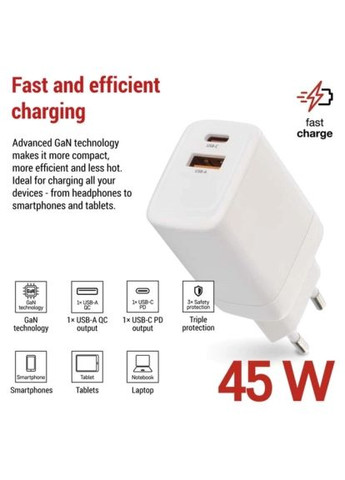 Зарядний пристрій (V04G45) Emos V04G45 1xUSB-A + 1xUSB-C PD20W GaN (369880992)
