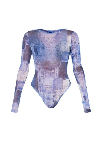 Боді сітка з довгим рукавом жіночий Синій принт 495- PrettyLittleThing (296930153)